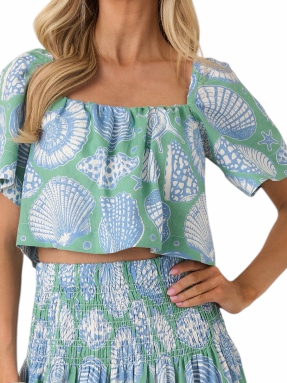 Prosperina Seashell Print Linen Blend Crop Top Large Coastal Resort